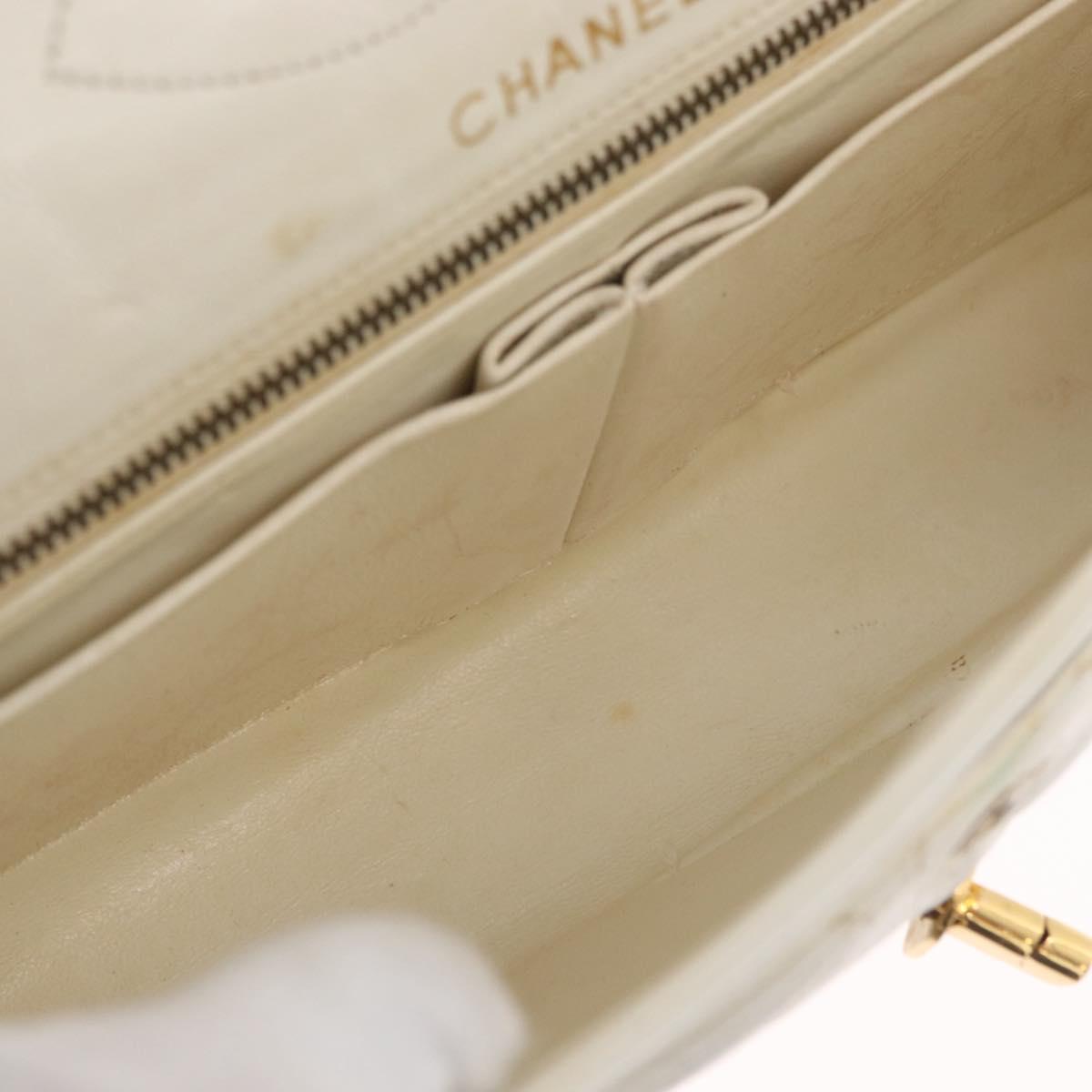 CHANEL Matelasse Double Flap Chain Bag Lamb Skin White Gold CC Auth BA13185
