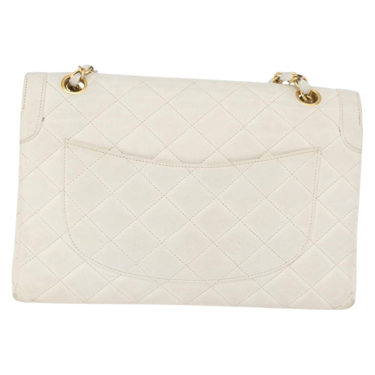 CHANEL Matelasse Double Flap Chain Bag Lamb Skin White Gold CC Auth BA13185
