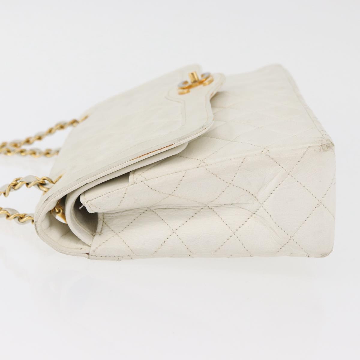 CHANEL Matelasse Double Flap Chain Bag Lamb Skin White Gold CC Auth BA13185