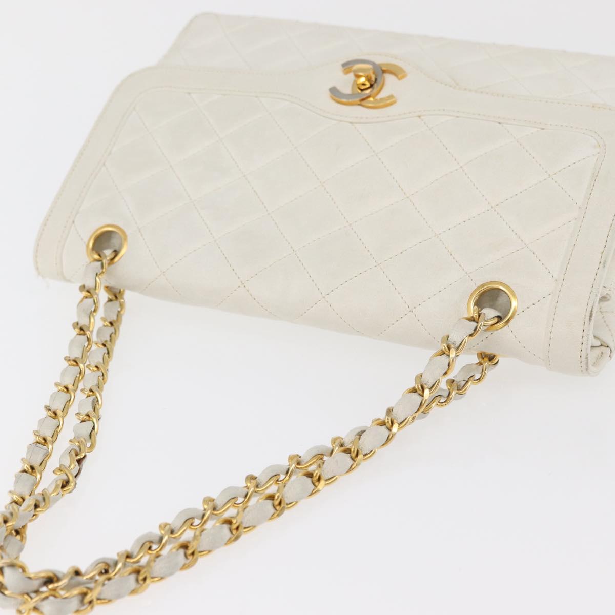 CHANEL Matelasse Double Flap Chain Bag Lamb Skin White Gold CC Auth BA13185