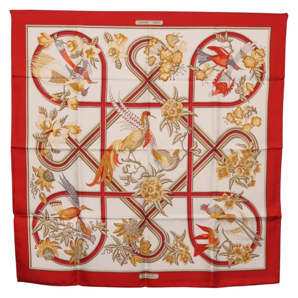 HERMES Carre 90 Scarf ""Caraibes"" Silk Red Auth BA13189M