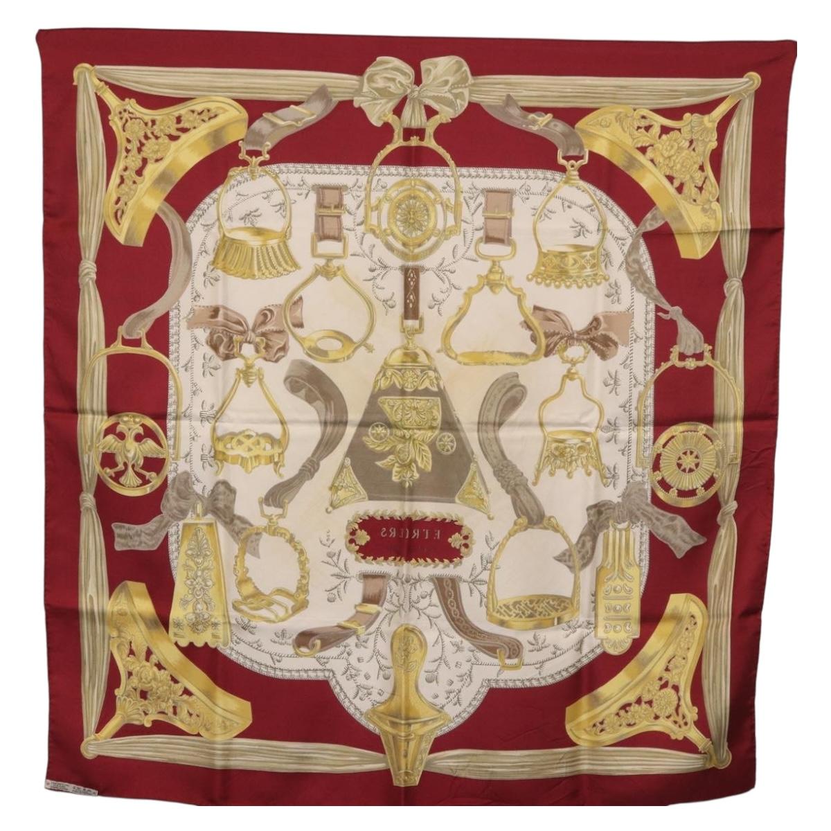HERMES Carre 90 Scarf ""RETRIERS"" Silk Bordeaux Auth BA13192