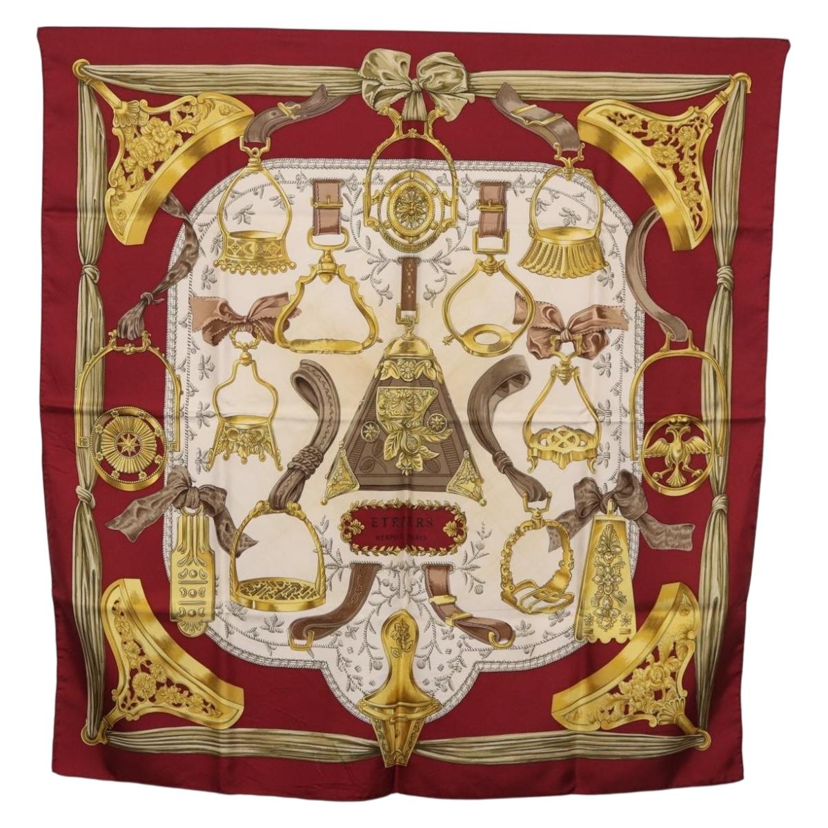 HERMES Carre 90 Scarf ""RETRIERS"" Silk Bordeaux Auth BA13192