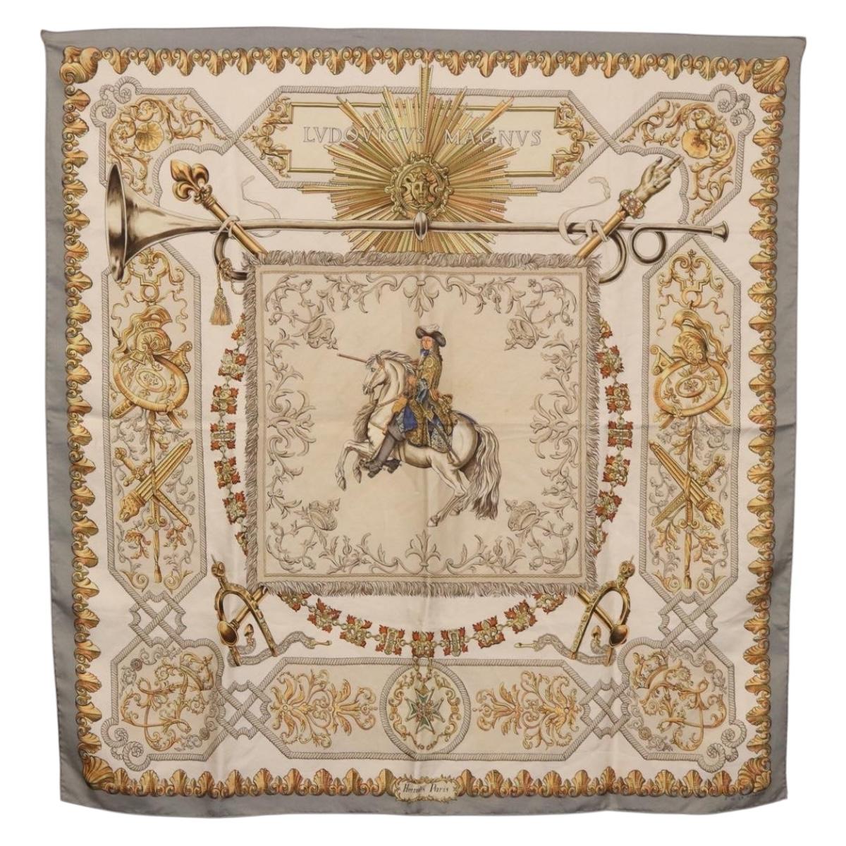 HERMES Carre 90 Scarf ""LVDOVICVS MAGNVS"" Silk Gray Auth BA13194