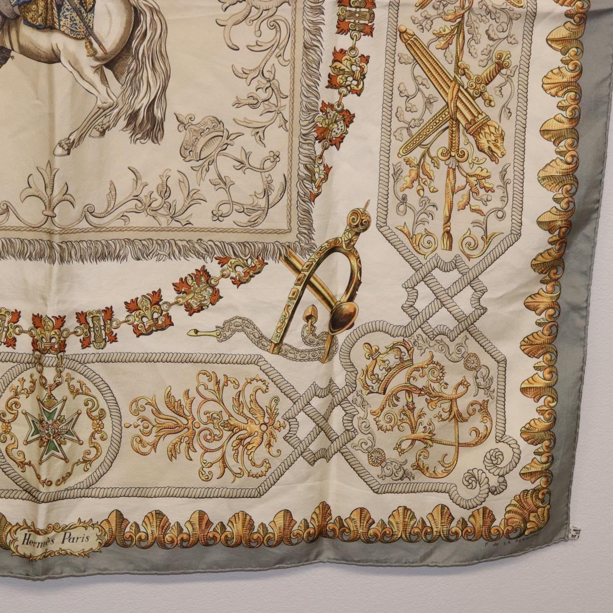 HERMES Carre 90 Scarf ""LVDOVICVS MAGNVS"" Silk Gray Auth BA13194