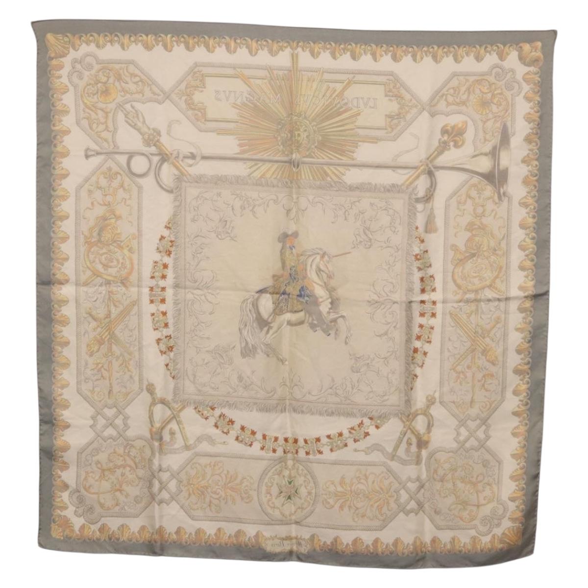 HERMES Carre 90 Scarf ""LVDOVICVS MAGNVS"" Silk Gray Auth BA13194