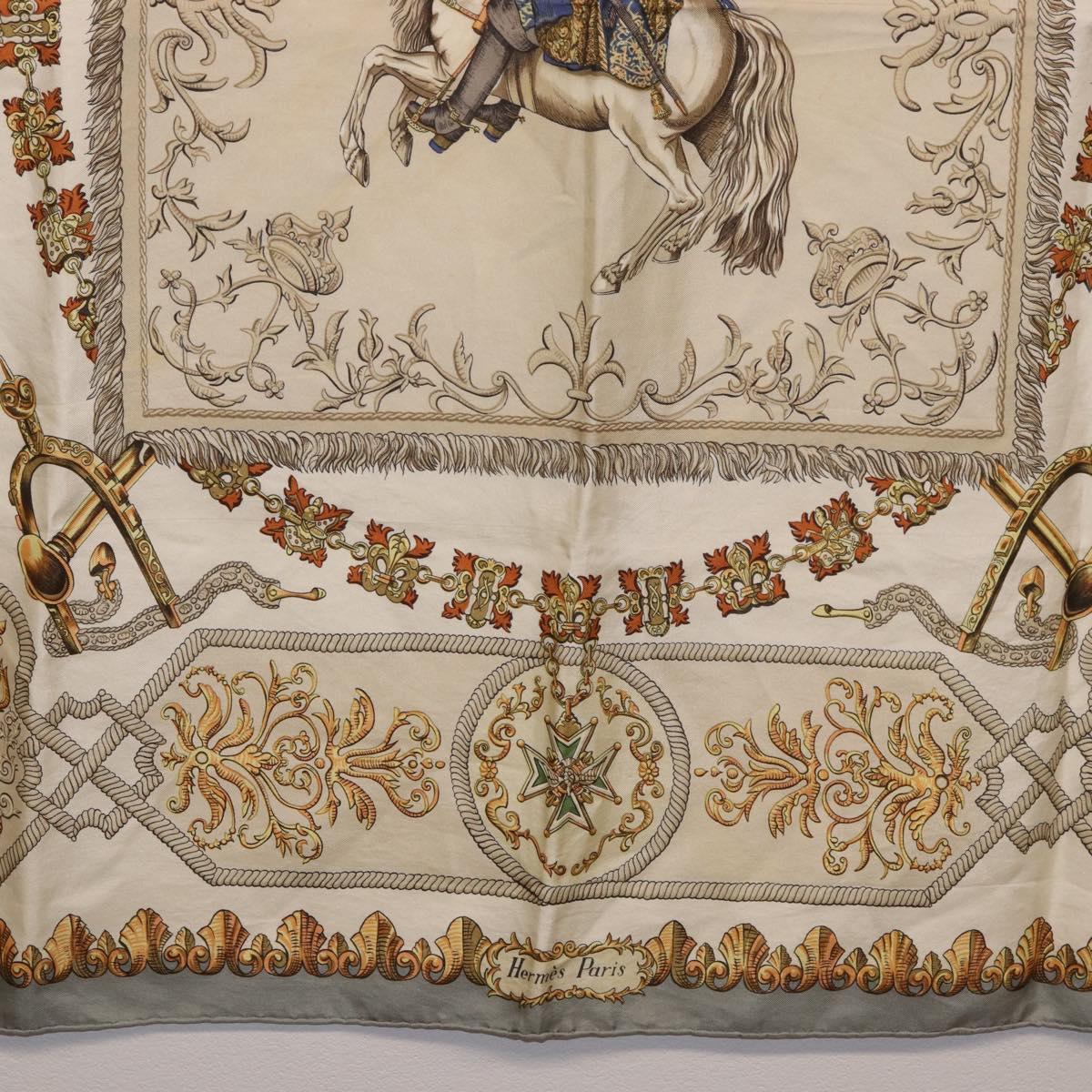 HERMES Carre 90 Scarf ""LVDOVICVS MAGNVS"" Silk Gray Auth BA13194
