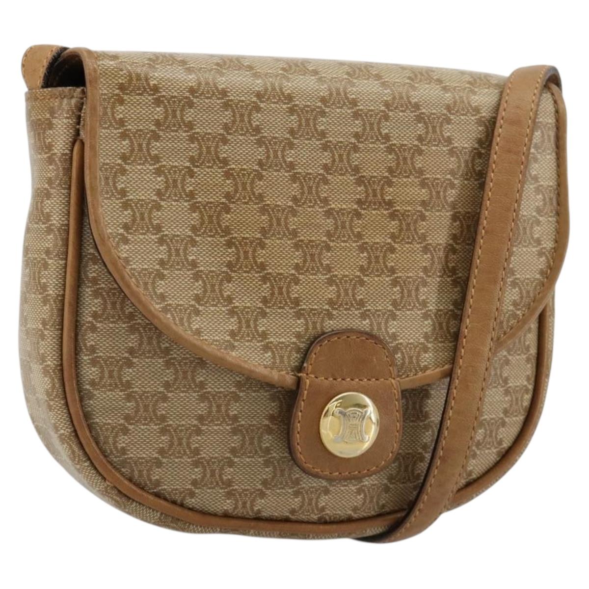 CELINE Macadam Canvas Shoulder Bag PVC Leather Beige Gold Auth BA13205
