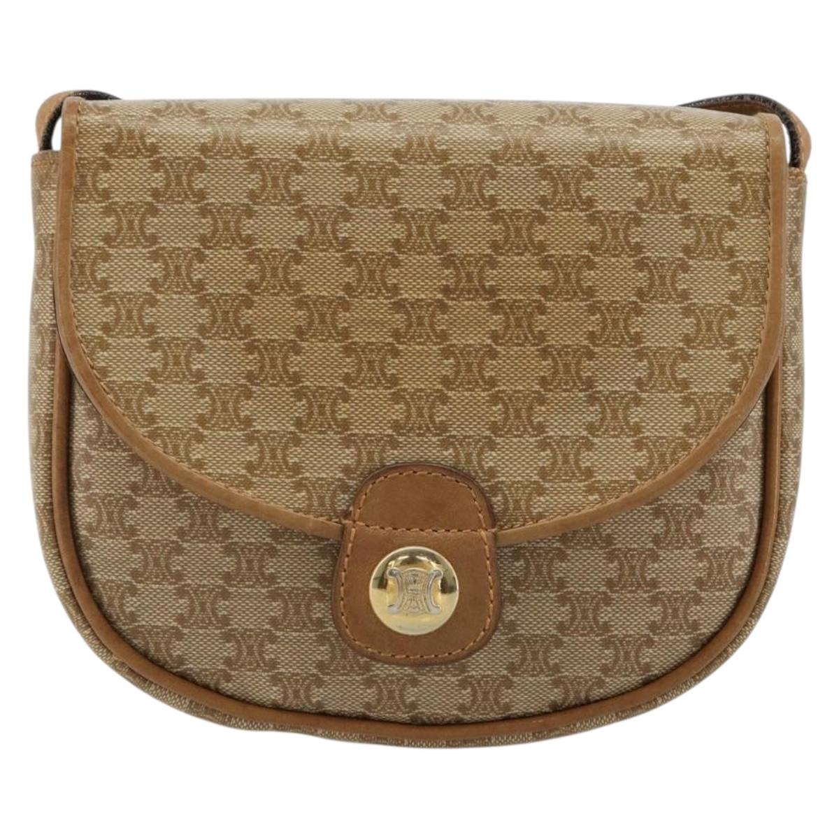 CELINE Macadam Canvas Shoulder Bag PVC Leather Beige Gold Auth BA13205
