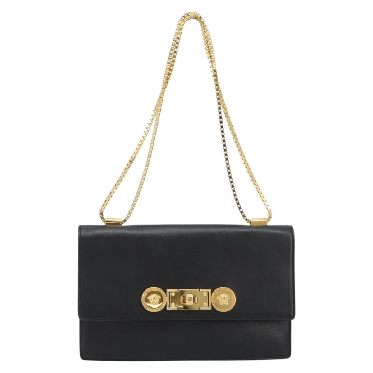 VERSACE Chain Shoulder Bag Leather Black Gold Auth BA13207