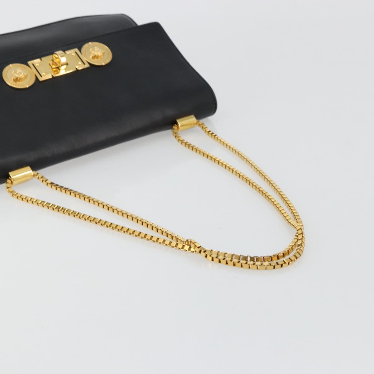 VERSACE Chain Shoulder Bag Leather Black Gold Auth BA13207