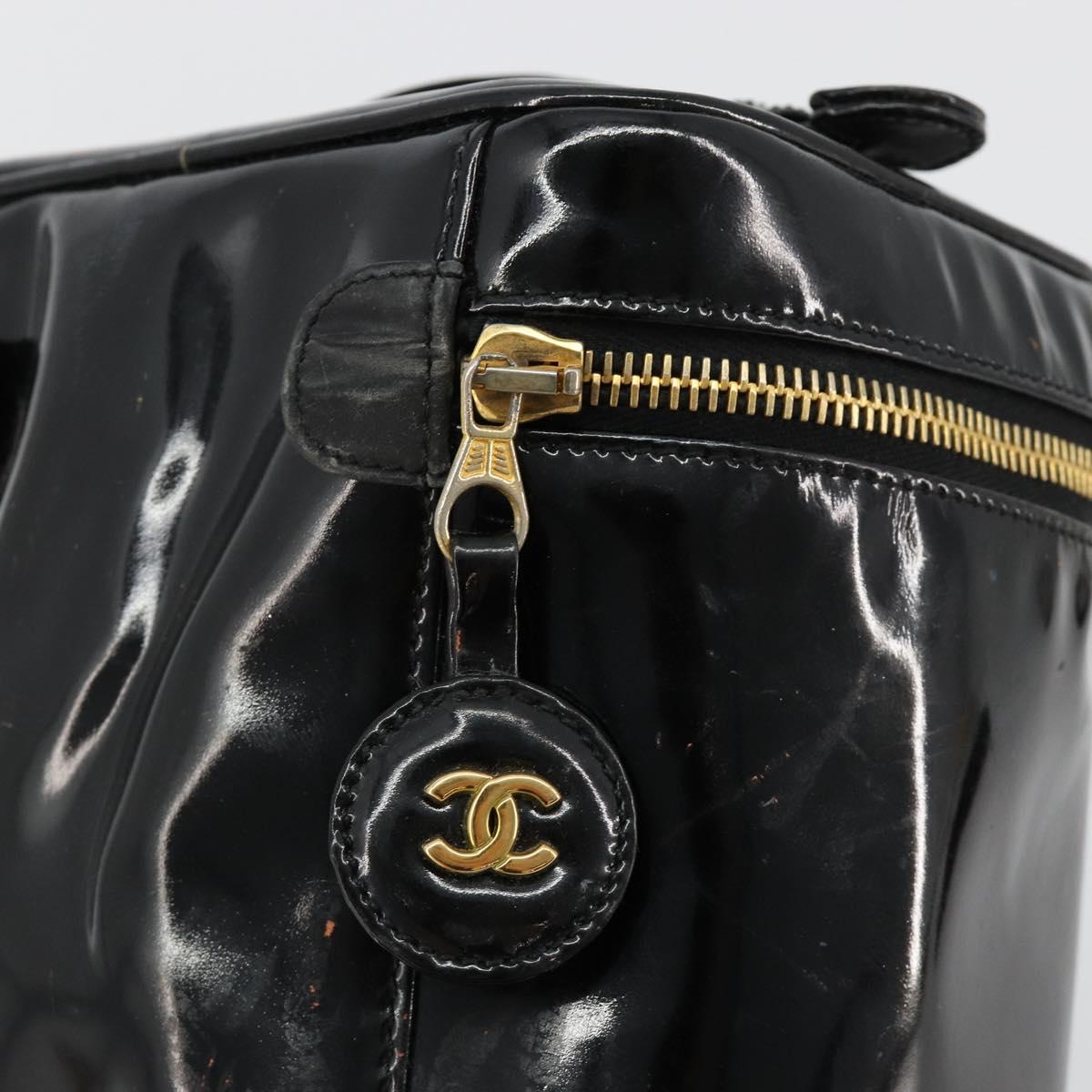 CHANEL Vanity Hand Bag Patent leather Black Gold CC Auth BA13209