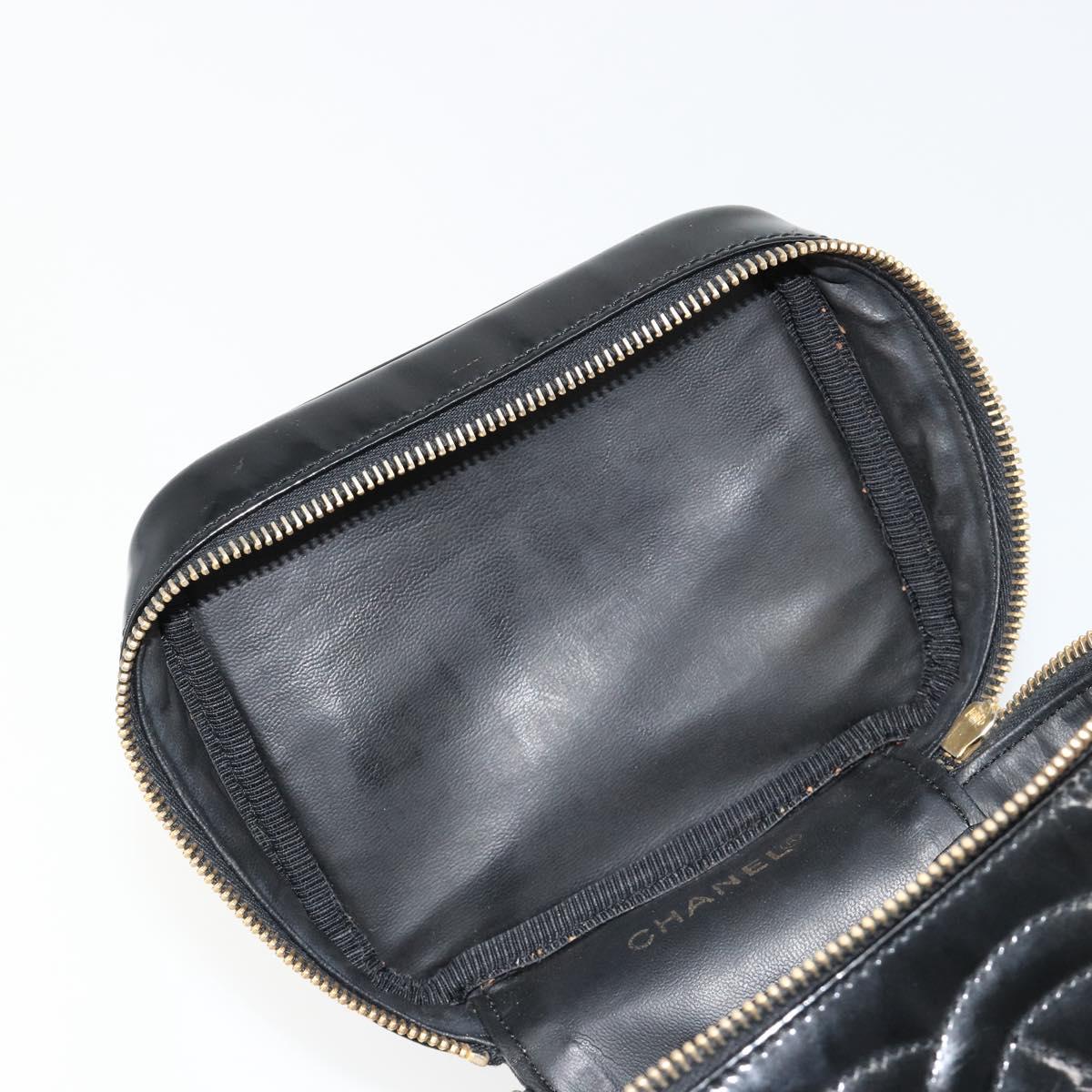 CHANEL Vanity Hand Bag Patent leather Black Gold CC Auth BA13209