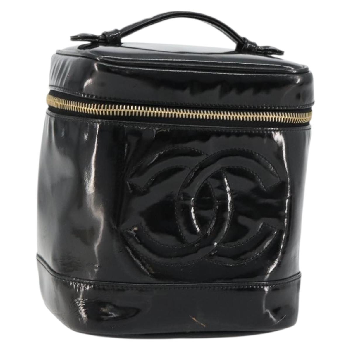 CHANEL Vanity Hand Bag Patent leather Black Gold CC Auth BA13209