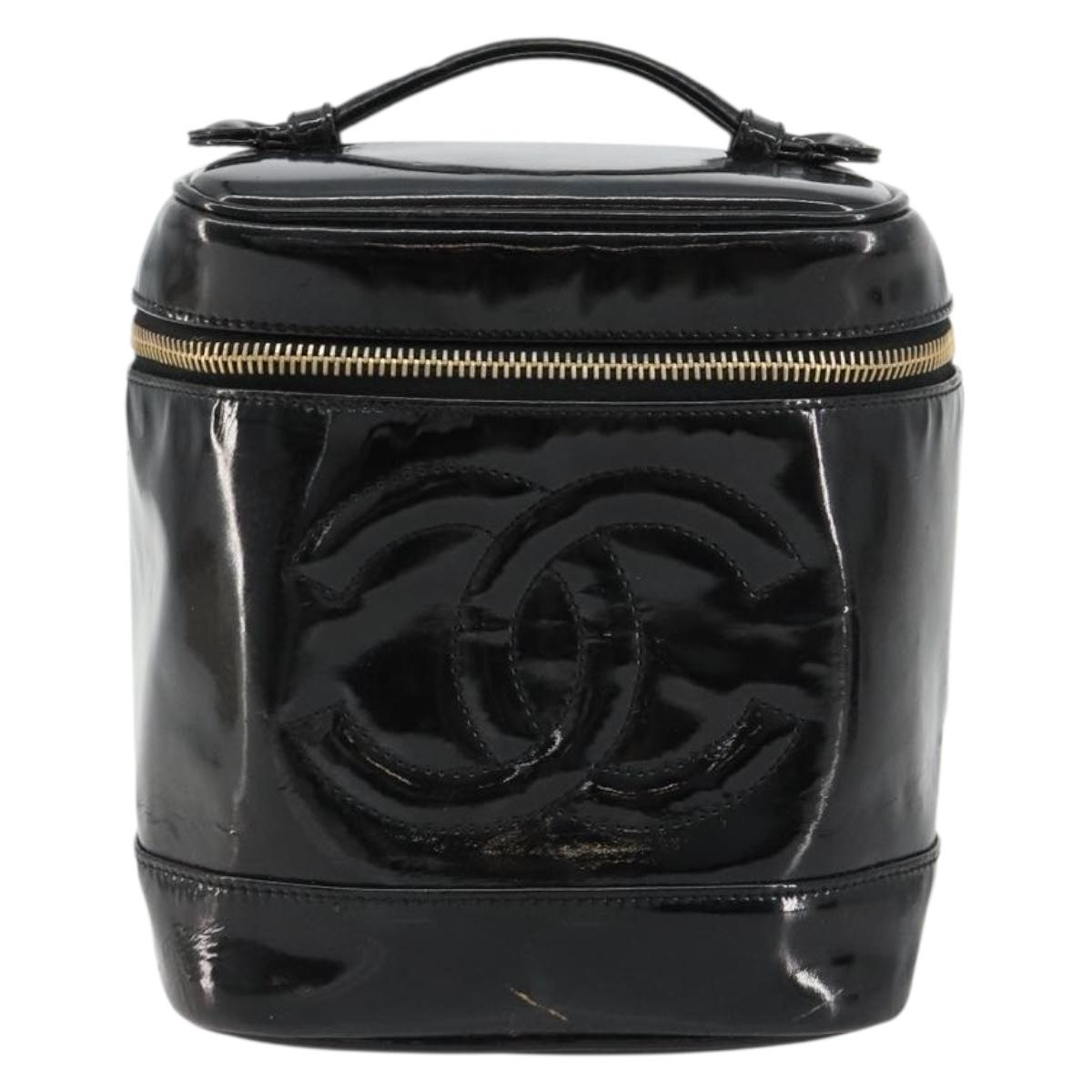 CHANEL Vanity Hand Bag Patent leather Black Gold CC Auth BA13209