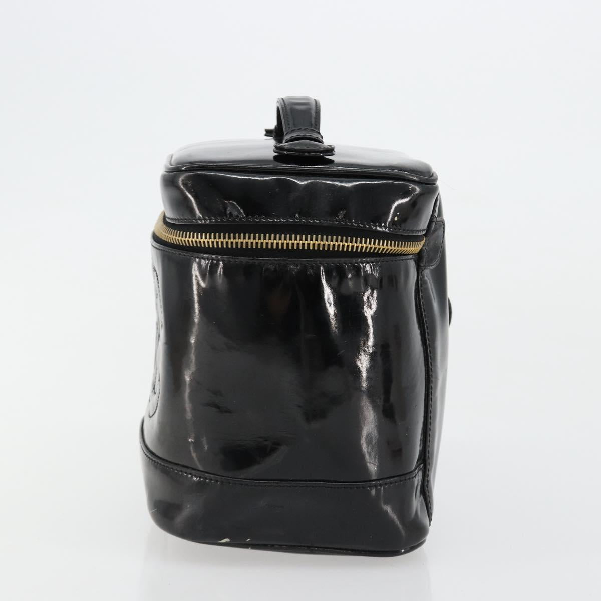 CHANEL Vanity Hand Bag Patent leather Black Gold CC Auth BA13209
