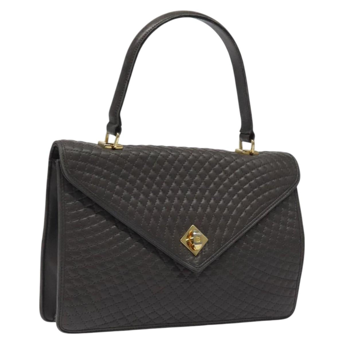 BALLY Quilted Hand Bag Leather Gray Gold Auth BA1327