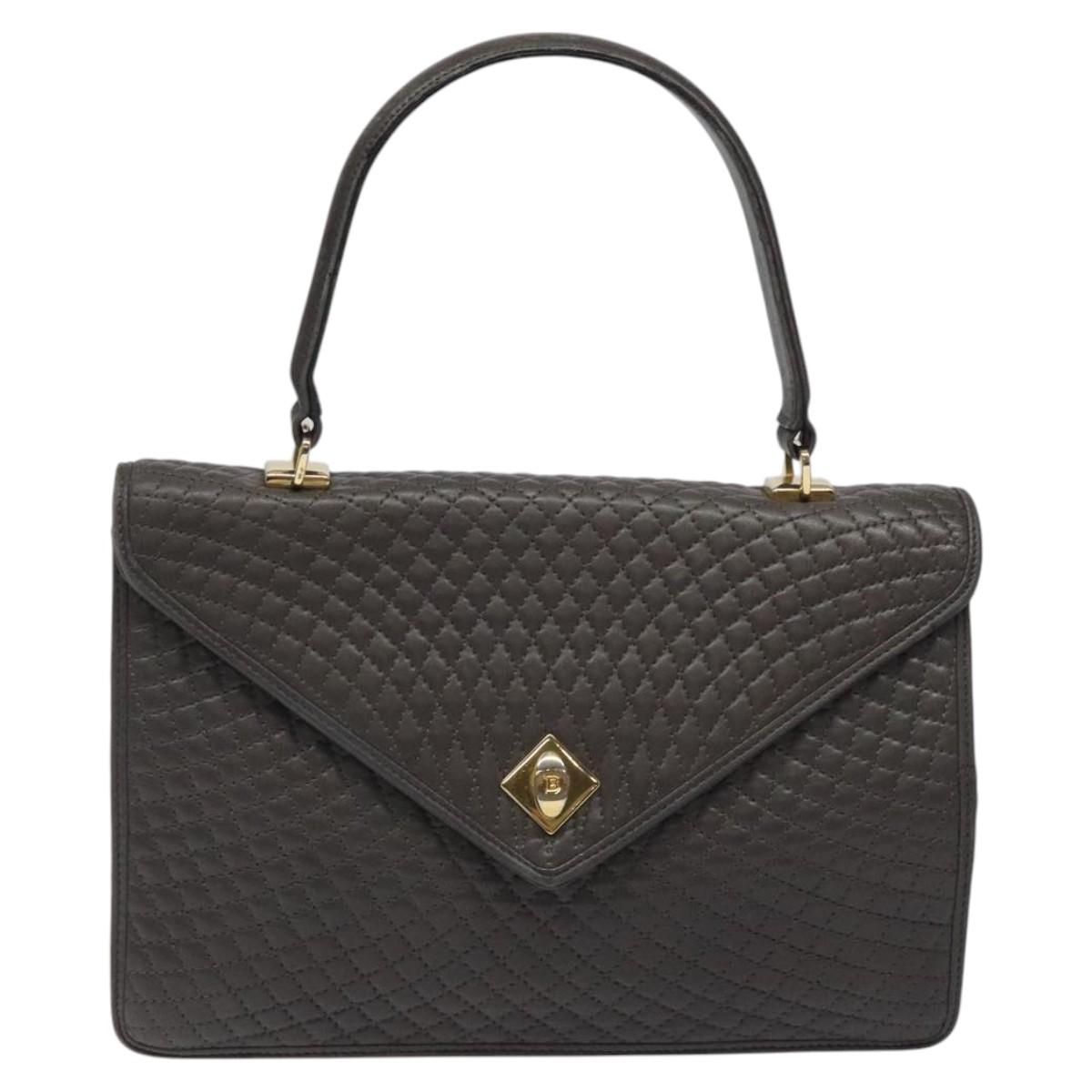 BALLY Quilted Hand Bag Leather Gray Gold Auth BA1327
