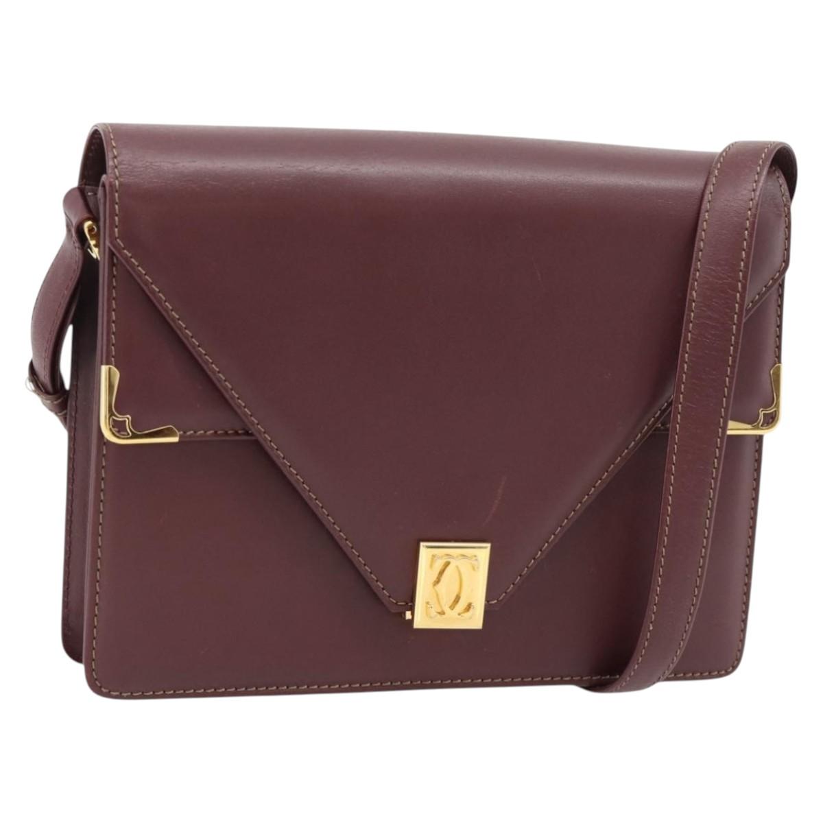 CARTIER Must Line Shoulder Bag Leather Bordeaux Gold Auth BA13274