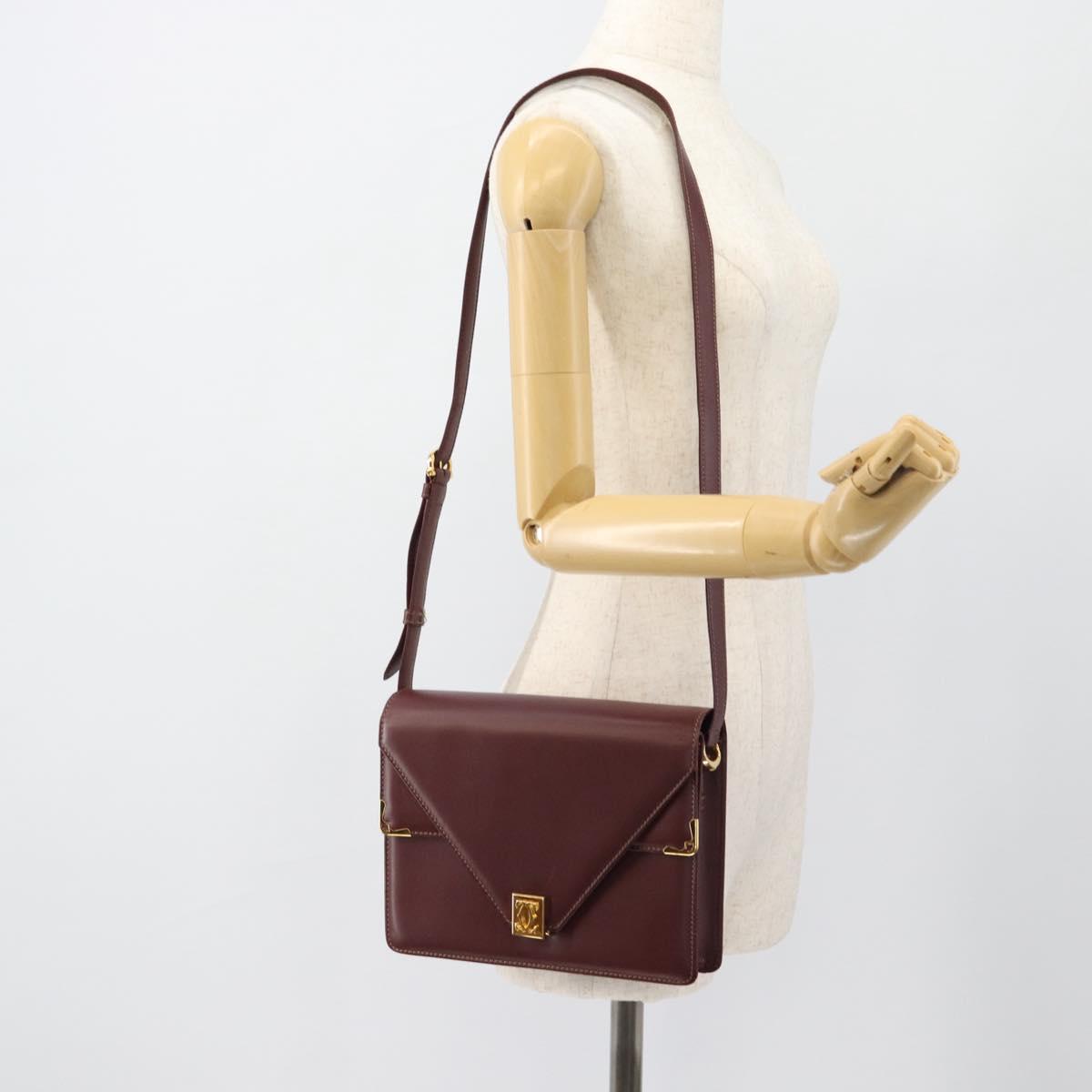 CARTIER Must Line Shoulder Bag Leather Bordeaux Gold Auth BA13274