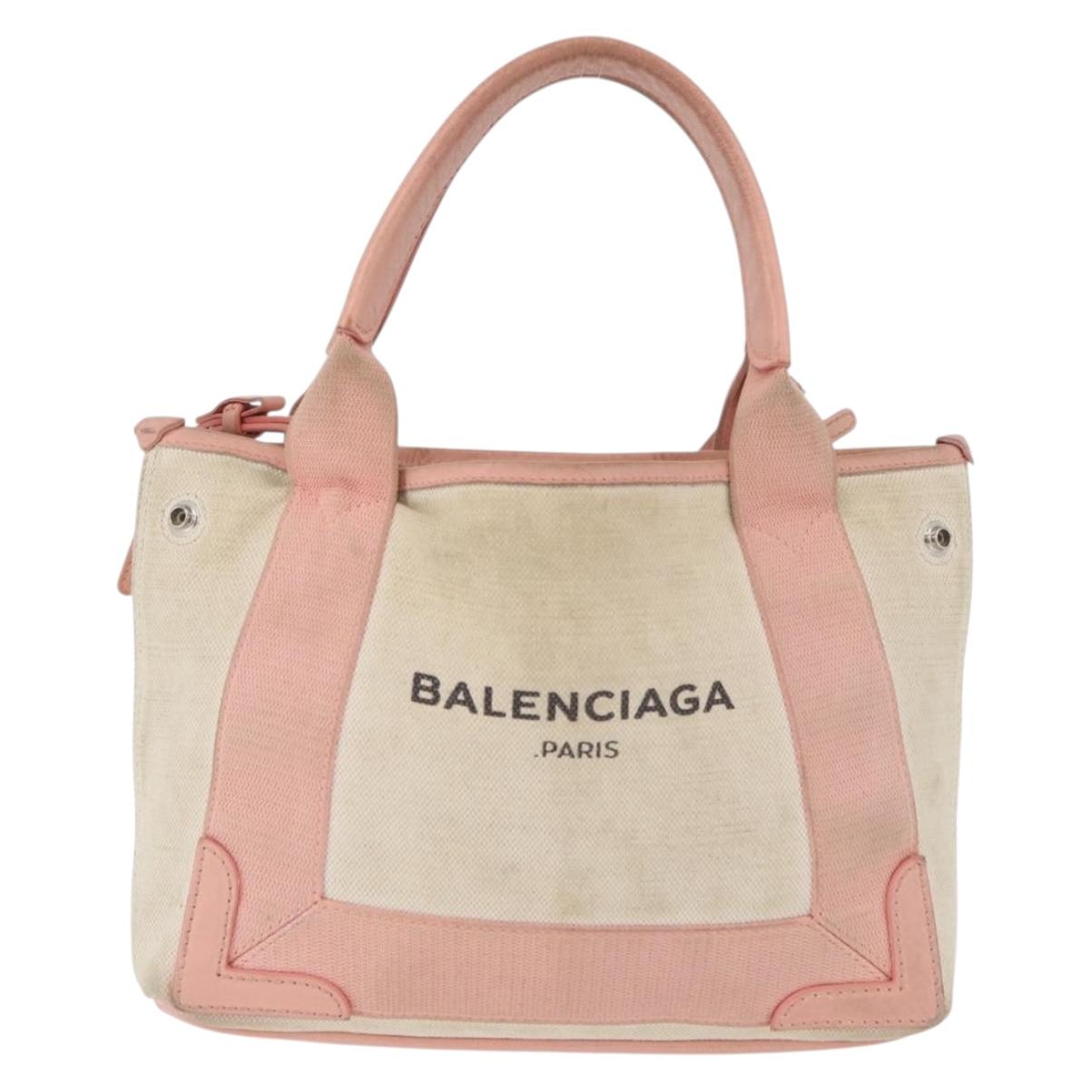 BALENCIAGA Navy Cabas S Tote Bag Canvas Leather Beige Silver 390346 Auth BA13276