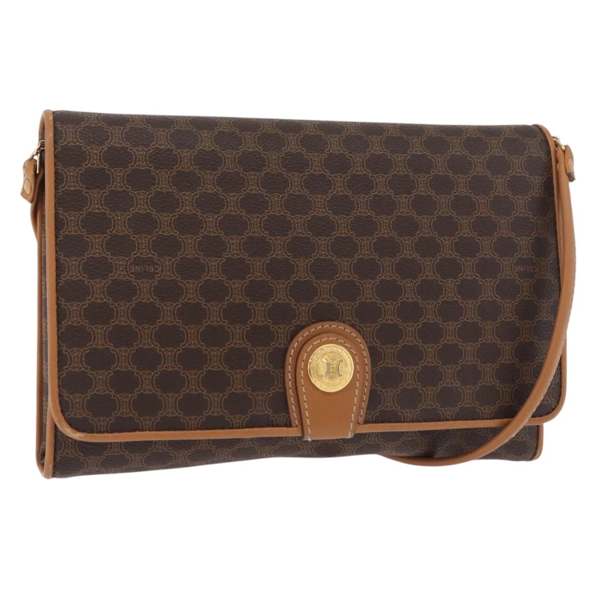 CELINE Macadam Canvas Shoulder Bag PVC Leather Brown Gold Auth BA13279