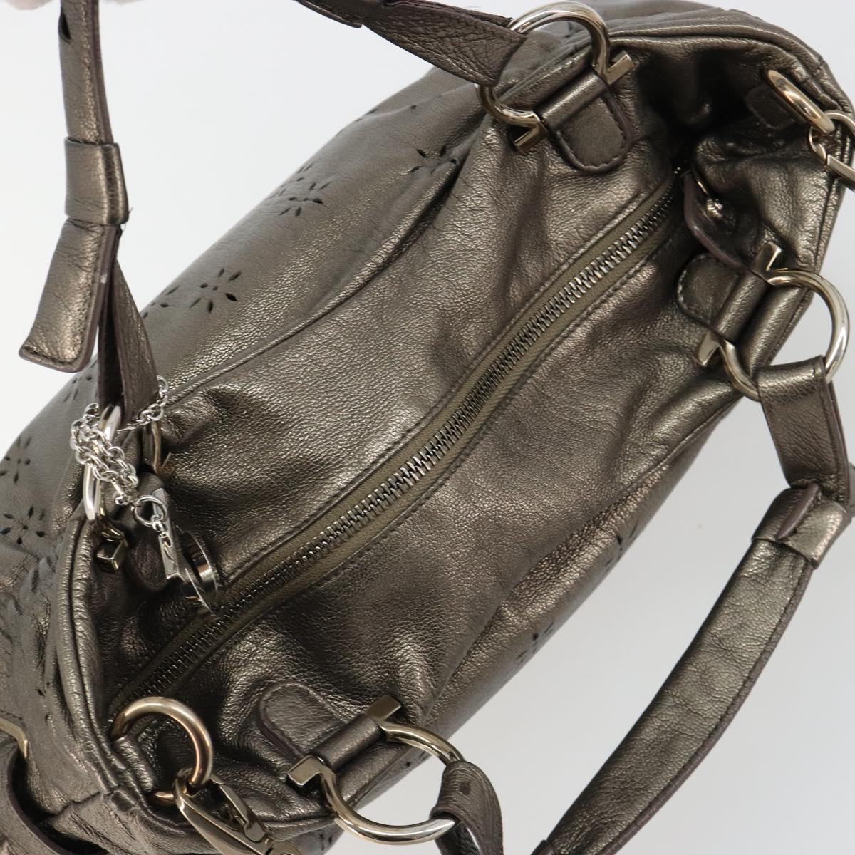 Salvatore Ferragamo Gancini Hand Bag Leather 2way Gold Silver Auth BA13286
