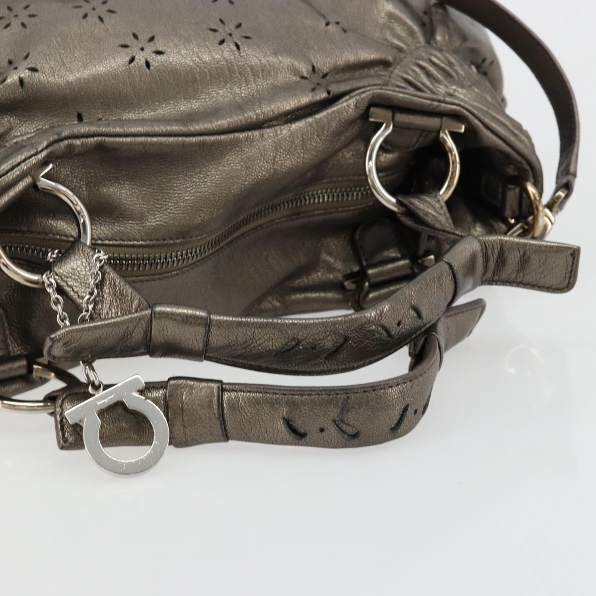 Salvatore Ferragamo Gancini Hand Bag Leather 2way Gold Silver Auth BA13286
