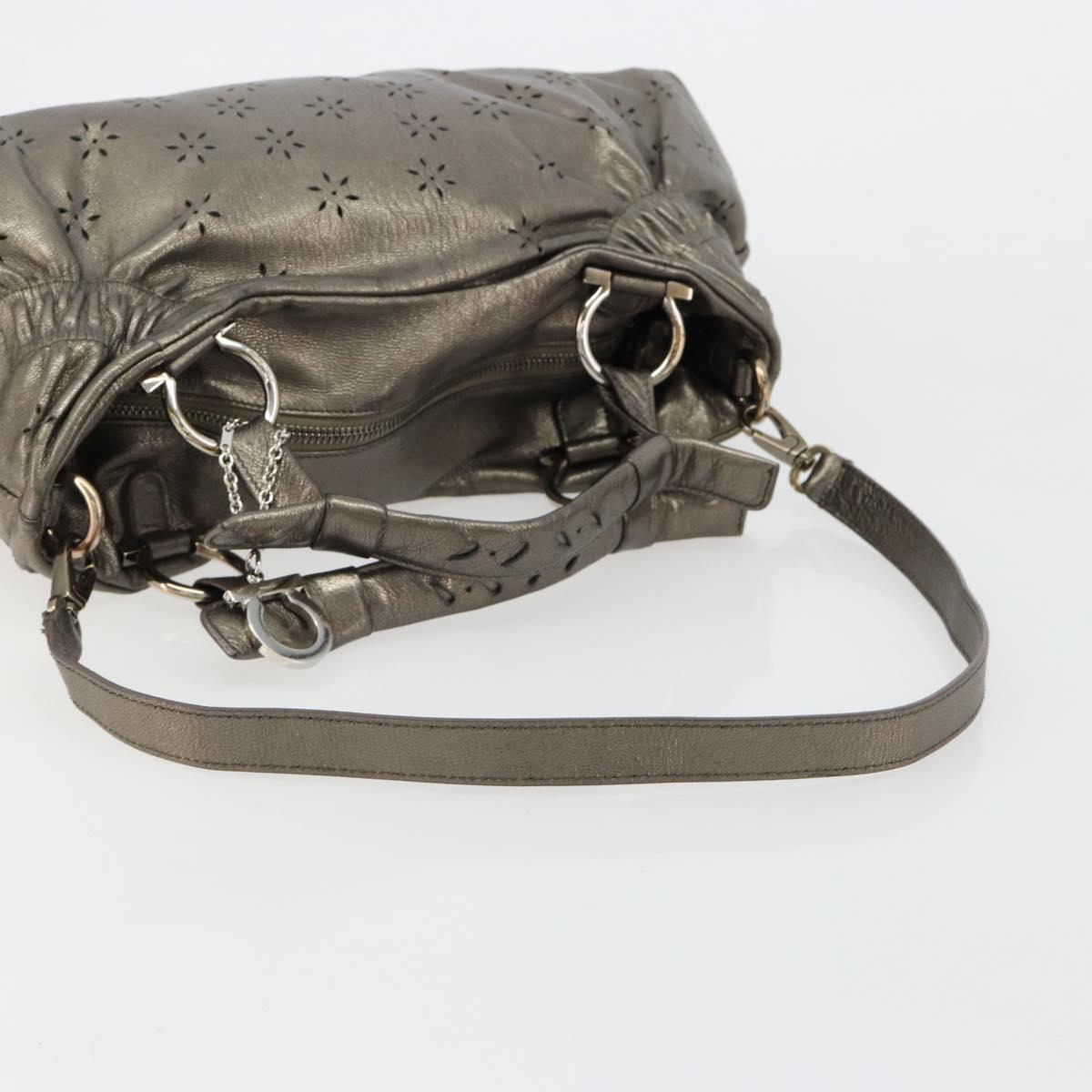 Salvatore Ferragamo Gancini Hand Bag Leather 2way Gold Silver Auth BA13286