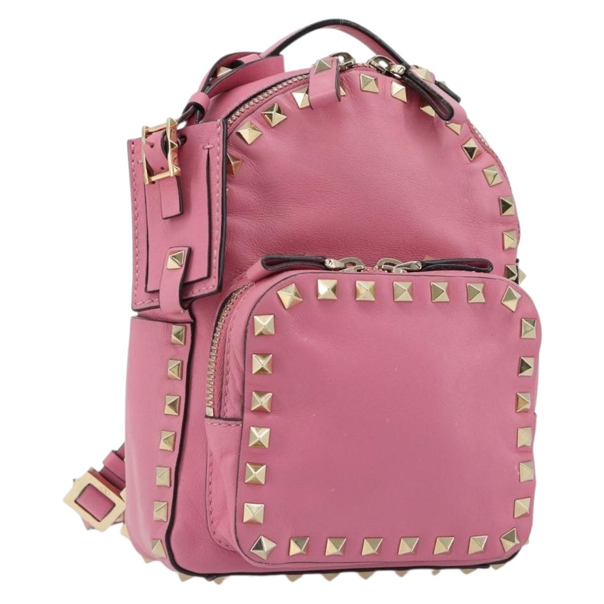 VALENTINO Studs Backpack Leather Pink Gold Auth BA13289A