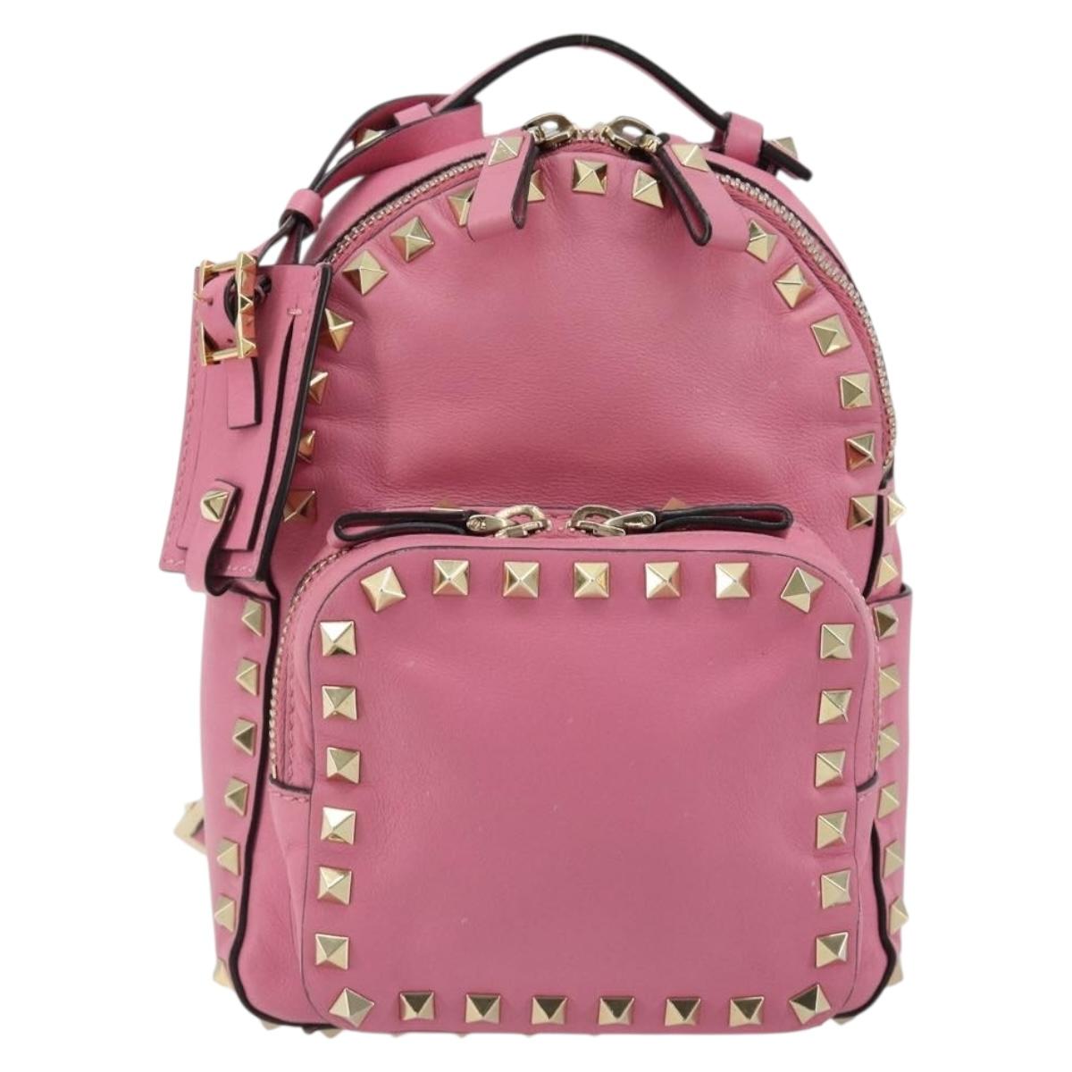VALENTINO Studs Backpack Leather Pink Gold Auth BA13289A