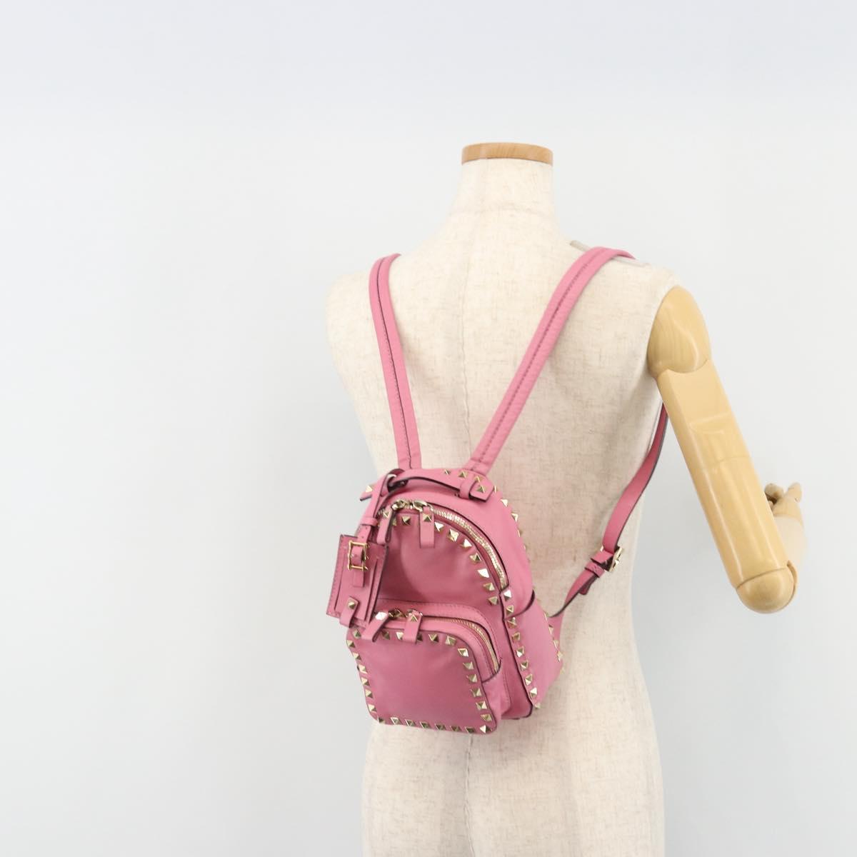 VALENTINO Studs Backpack Leather Pink Gold Auth BA13289A