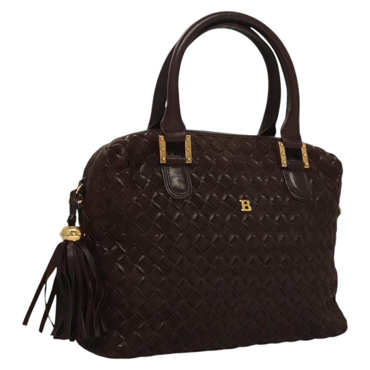BALLY Quilted Hand Bag Leather Dark Brown Gold Auth BA1329