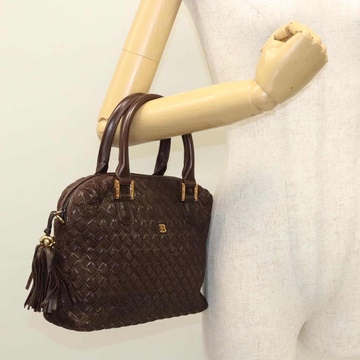 BALLY Quilted Hand Bag Leather Dark Brown Gold Auth BA1329