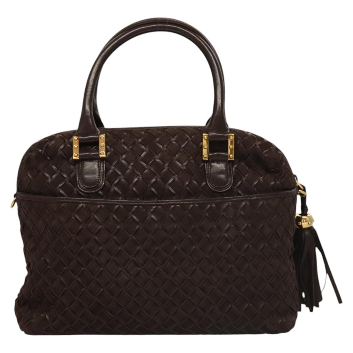 BALLY Quilted Hand Bag Leather Dark Brown Gold Auth BA1329