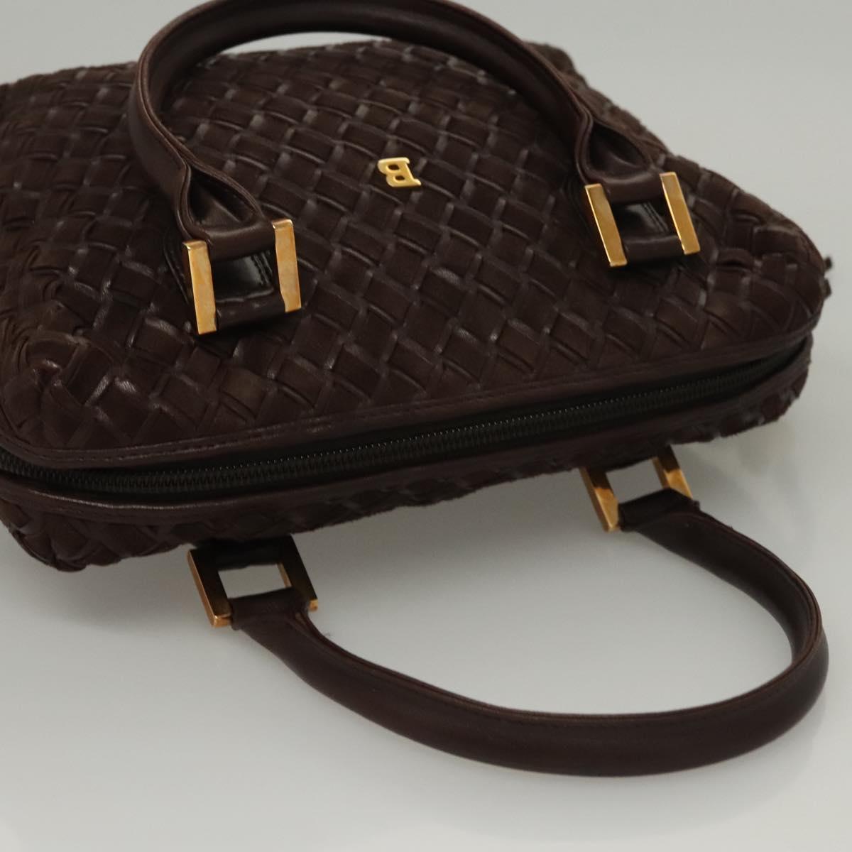 BALLY Quilted Hand Bag Leather Dark Brown Gold Auth BA1329