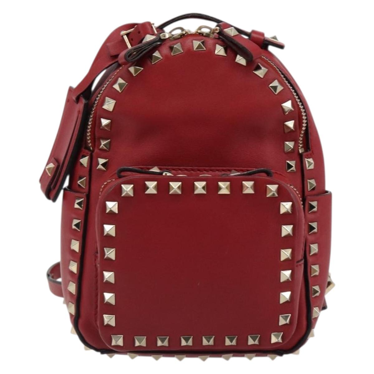 VALENTINO Studs Backpack Leather Red Gold Auth BA13290