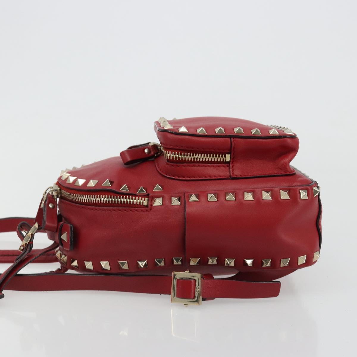 VALENTINO Studs Backpack Leather Red Gold Auth BA13290