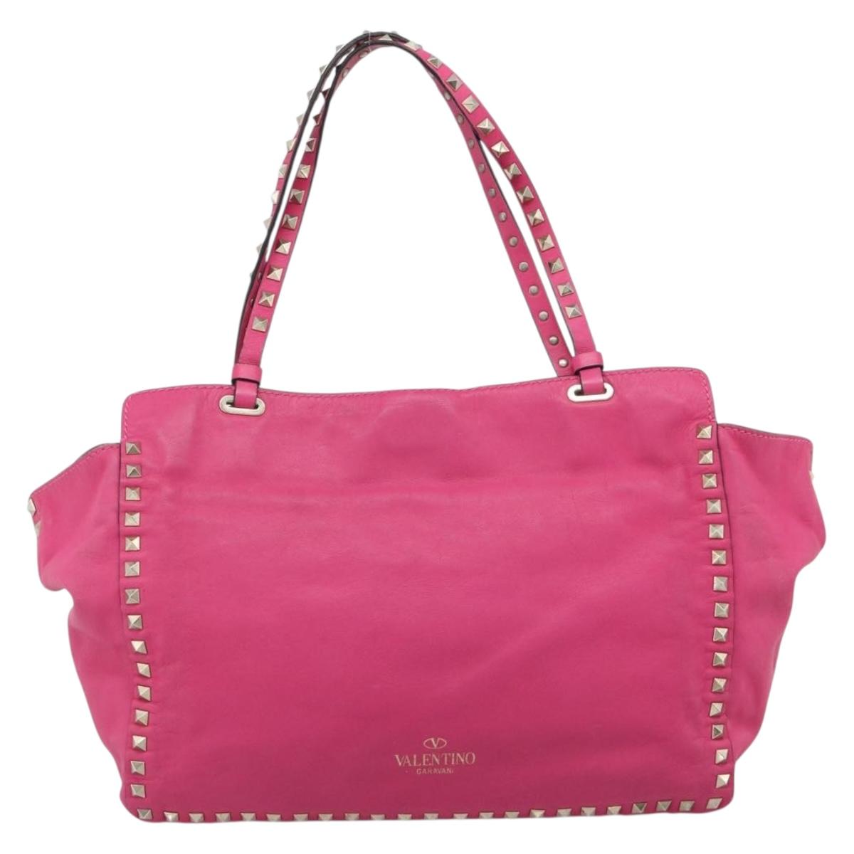 VALENTINO Studs Tote Bag Leather 2way Pink Gold Auth BA13295