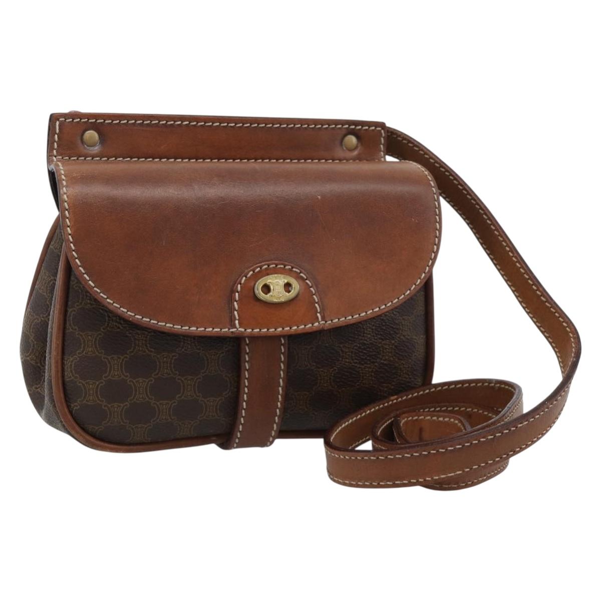 CELINE Macadam Canvas Shoulder Bag PVC Leather Brown Gold Auth BA13301