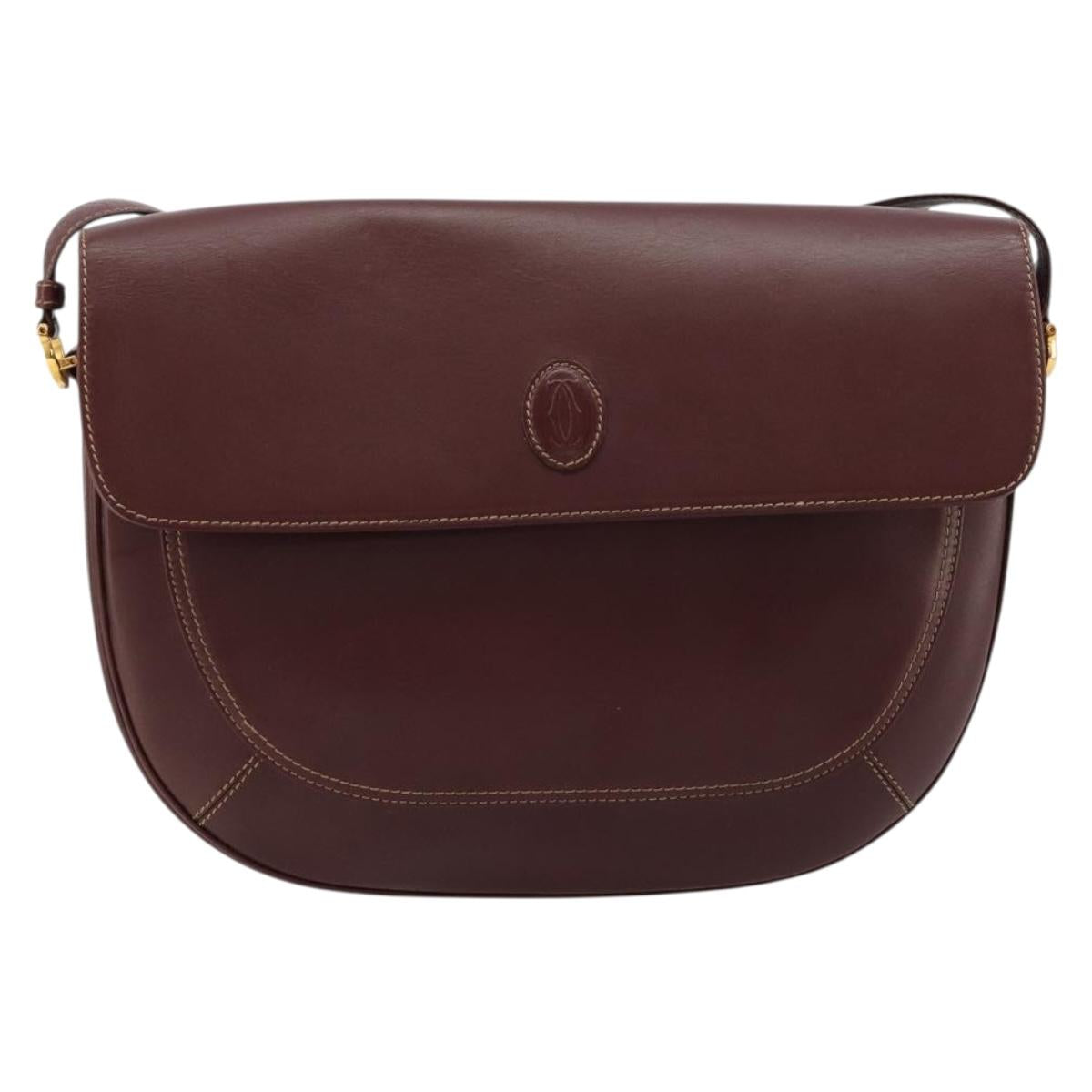 CARTIER Must Line Shoulder Bag Leather Bordeaux Gold Auth BA13302A