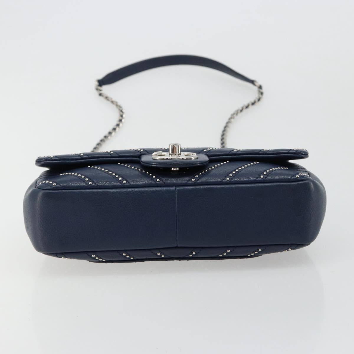 CHANEL V Stitch Chain Shoulder Bag Lamb Skin Navy Silver CC Auth BA13308V