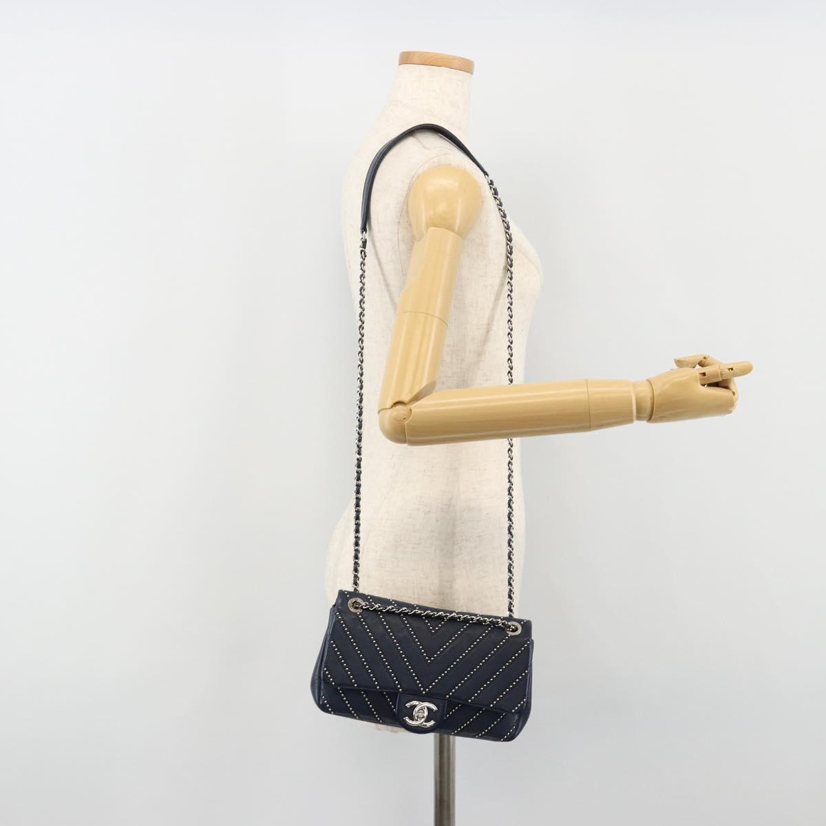 CHANEL V Stitch Chain Shoulder Bag Lamb Skin Navy Silver CC Auth BA13308V