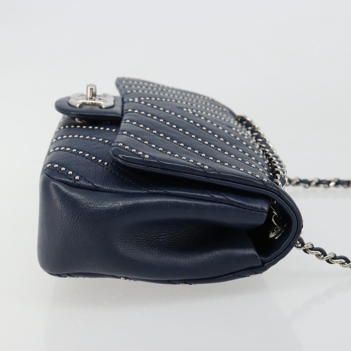CHANEL V Stitch Chain Shoulder Bag Lamb Skin Navy Silver CC Auth BA13308V