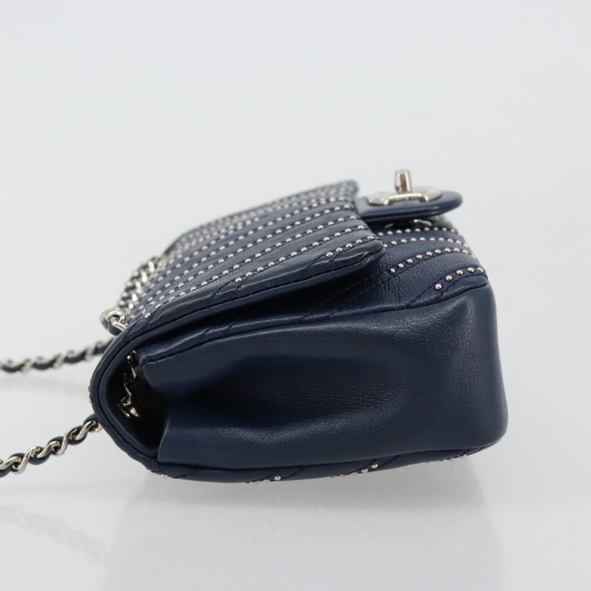 CHANEL V Stitch Chain Shoulder Bag Lamb Skin Navy Silver CC Auth BA13308V