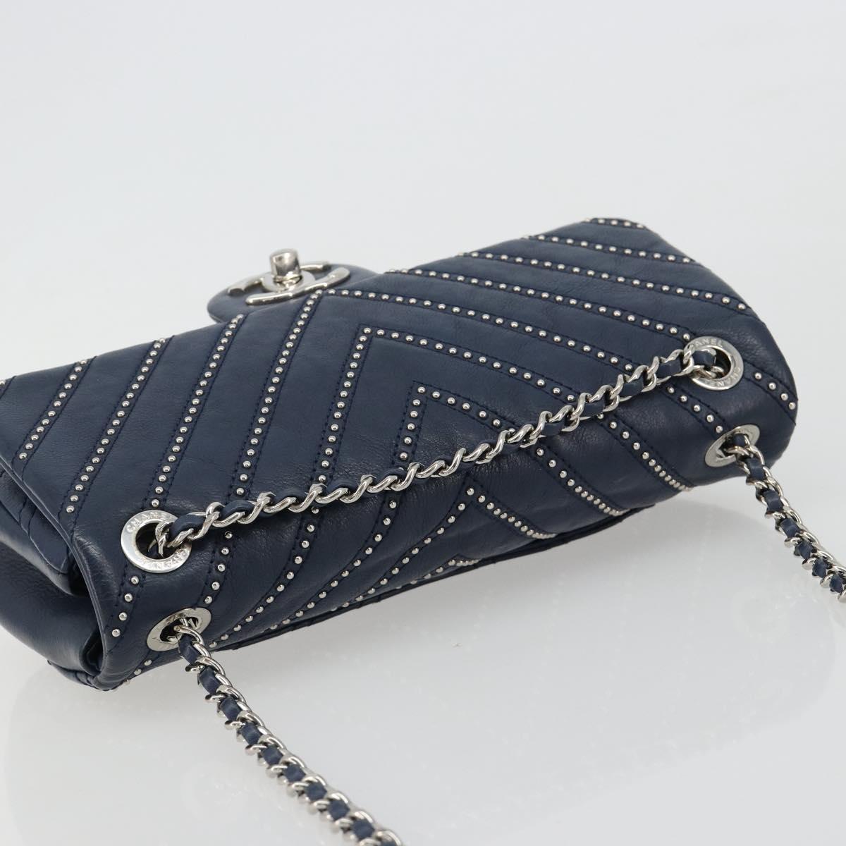 CHANEL V Stitch Chain Shoulder Bag Lamb Skin Navy Silver CC Auth BA13308V