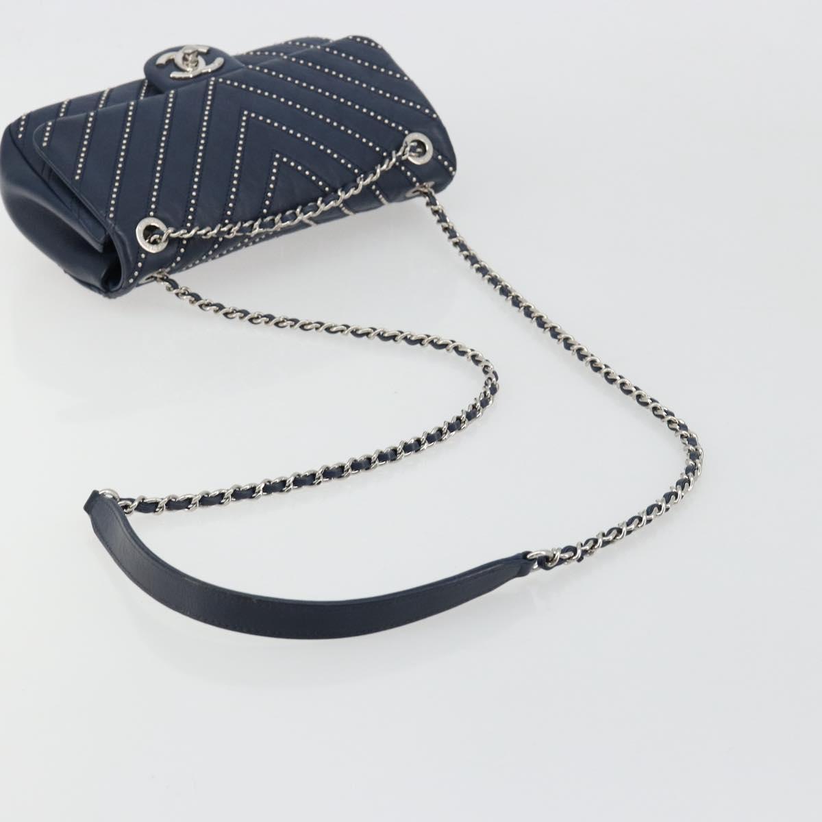 CHANEL V Stitch Chain Shoulder Bag Lamb Skin Navy Silver CC Auth BA13308V