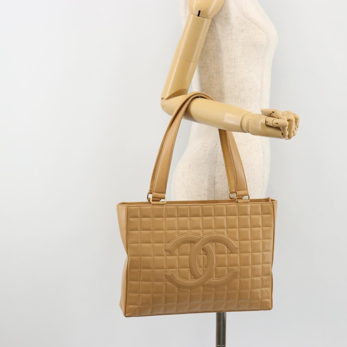 CHANEL Choco Bar Tote Bag Lamb Skin Beige Gold CC Auth BA13309
