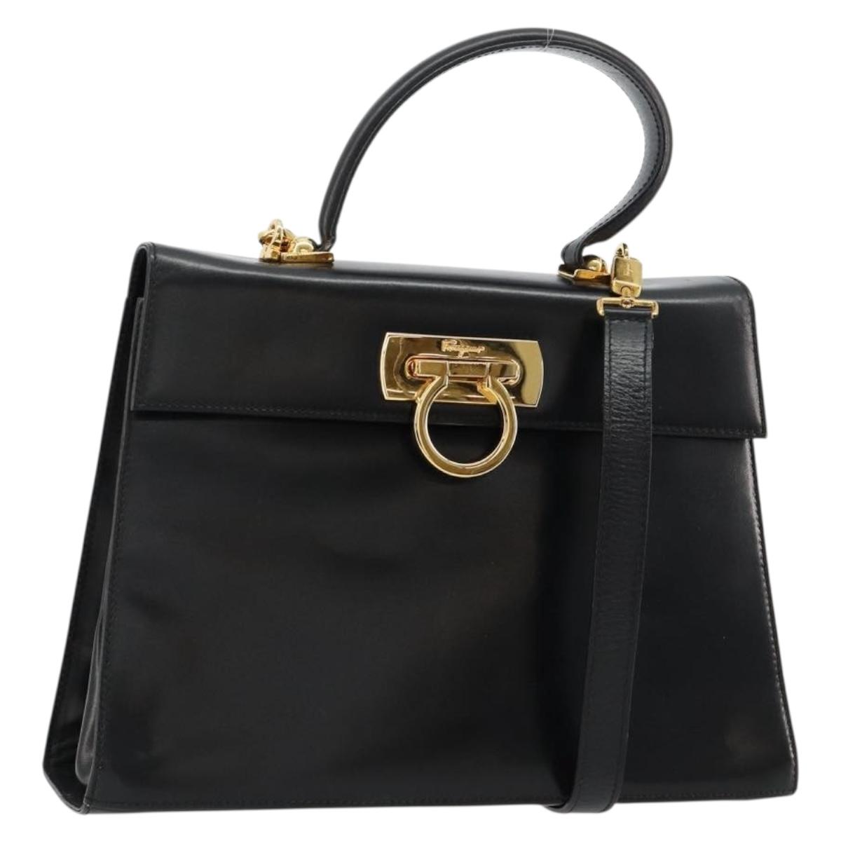 Salvatore Ferragamo Gancini Hand Bag Leather 2way Black Gold Auth BA13314