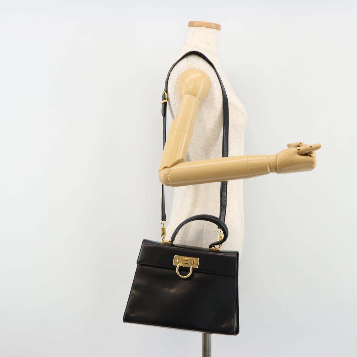 Salvatore Ferragamo Gancini Hand Bag Leather 2way Black Gold Auth BA13314